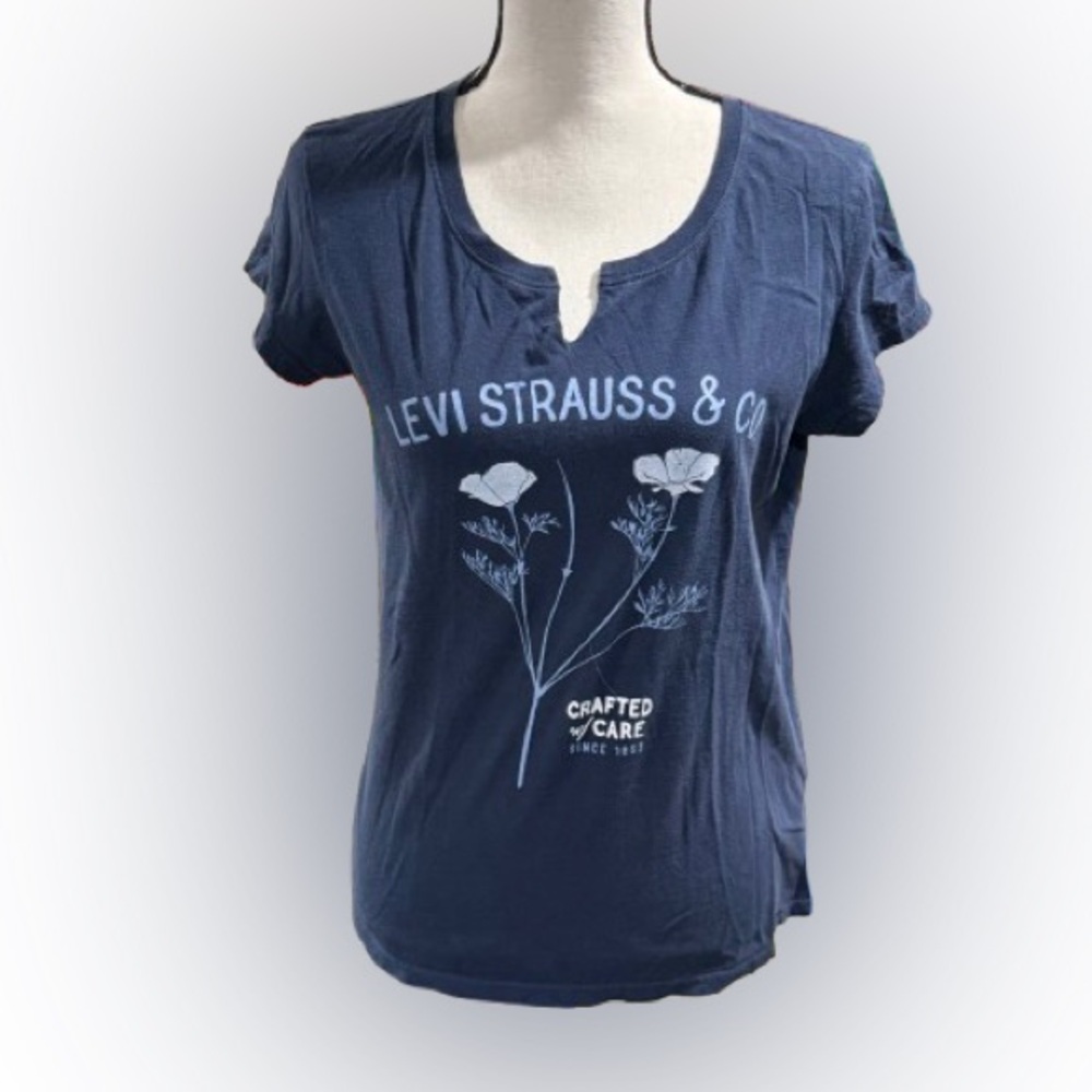 Levi’s Crafted With Care Floral Graphic Split Neck T-Shirt Navy Large